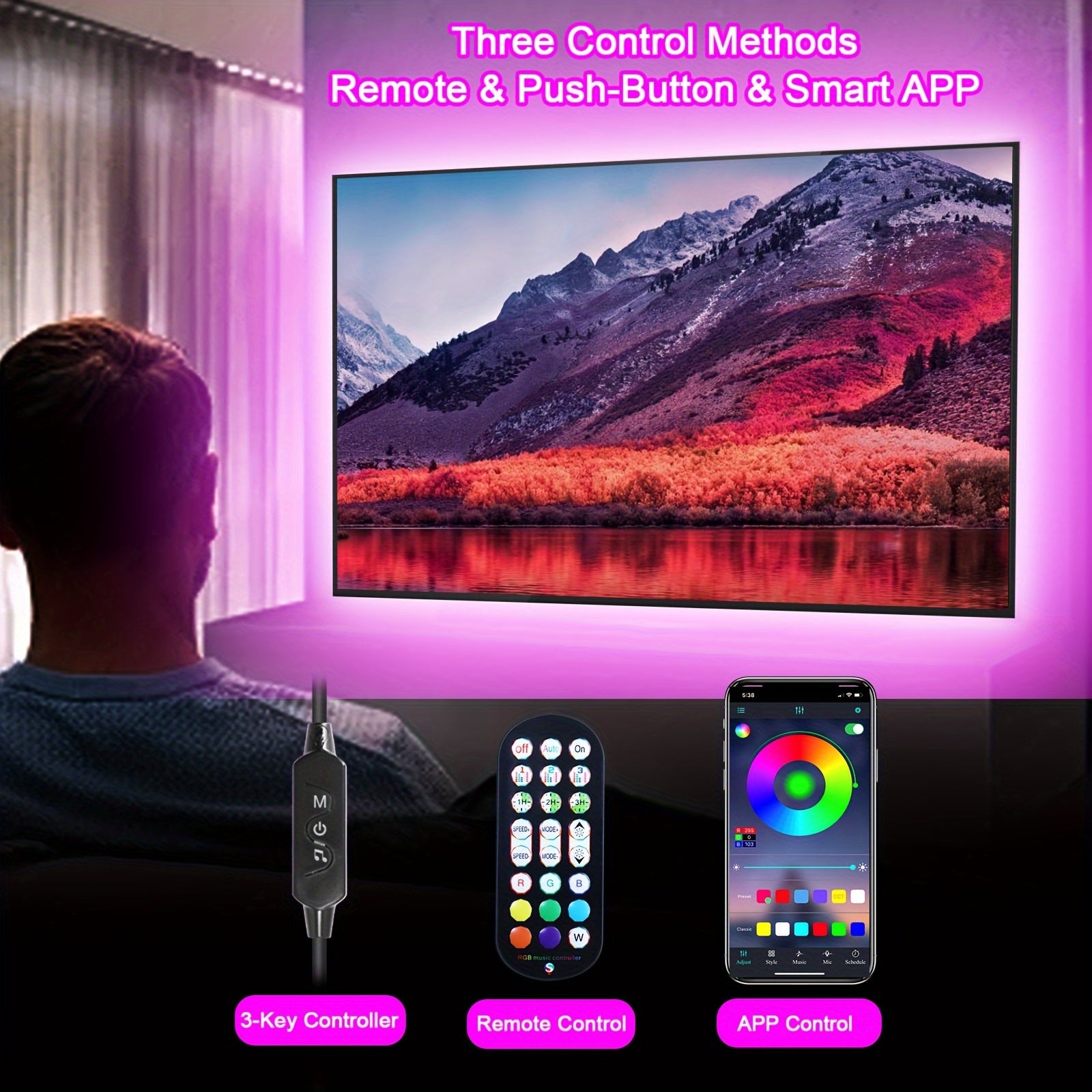 RGB LED TV Backlight Strip Dimmable Multi-Color USB Powered Remote App Control Indoor Lighting 2-5m