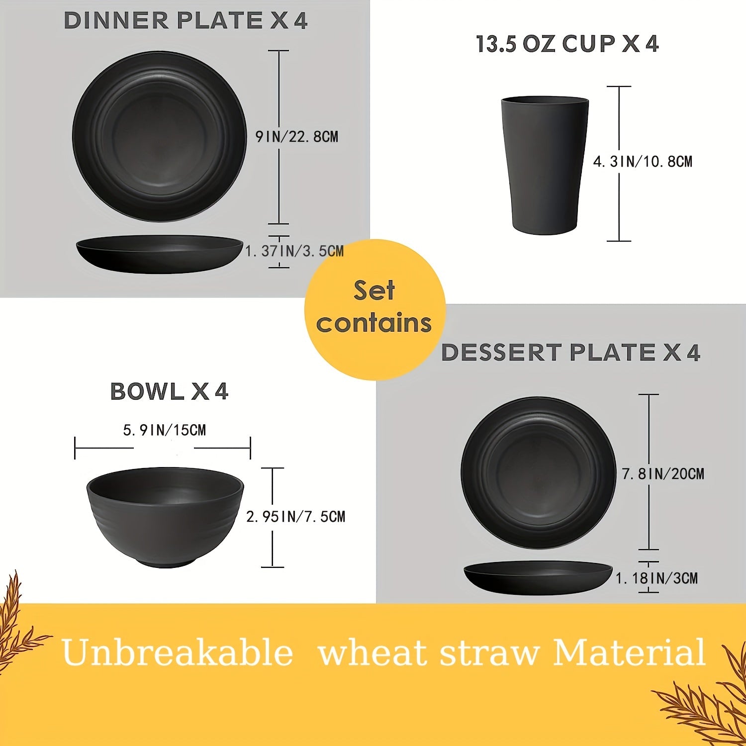 Unbreakable Black Microwave Safe Dishwasher Safe 16-Piece Tableware Set