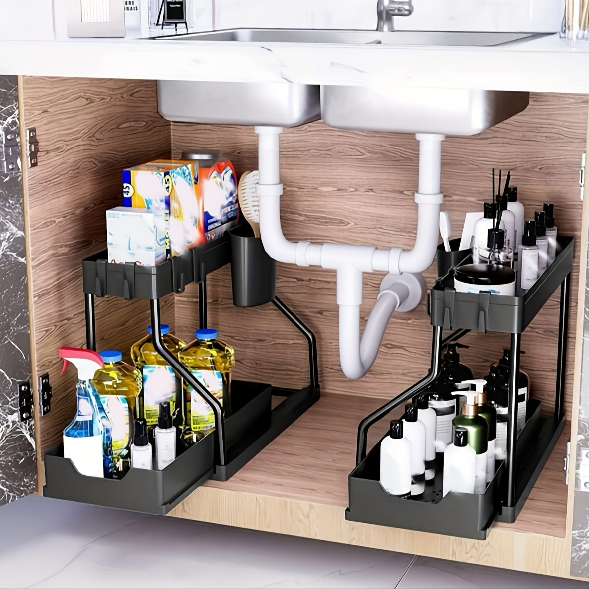 Черный двухъярусный органайзер под раковину с полками и крючками для кухни и ванной