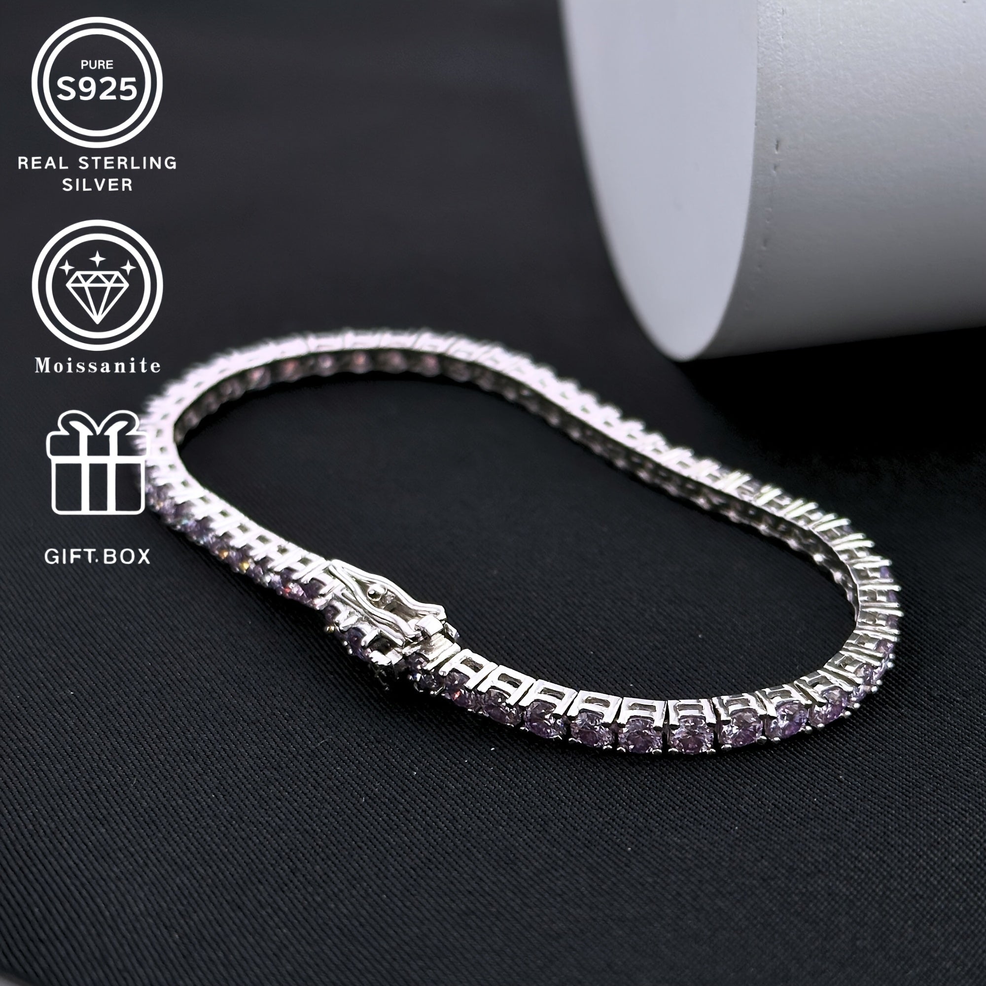 Pink Sparkling Moissanite Silver Bracelet 9.6G Elegant Jewelry Gift