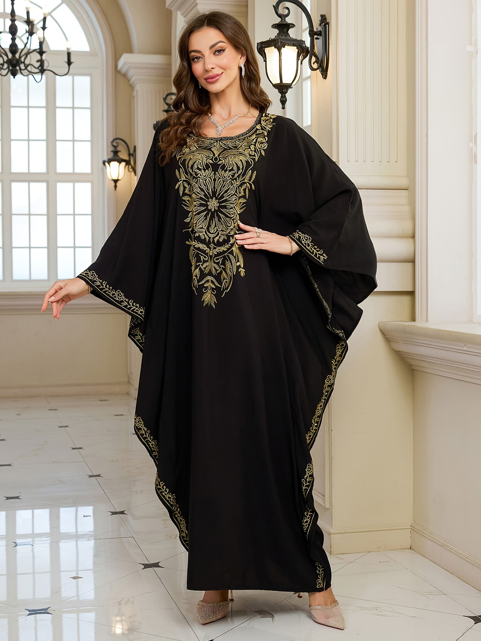 Women's Plus Size Floral Embroidered Kaftan Cover-Up Dress Black Loose Fit Batwing Sleeves
