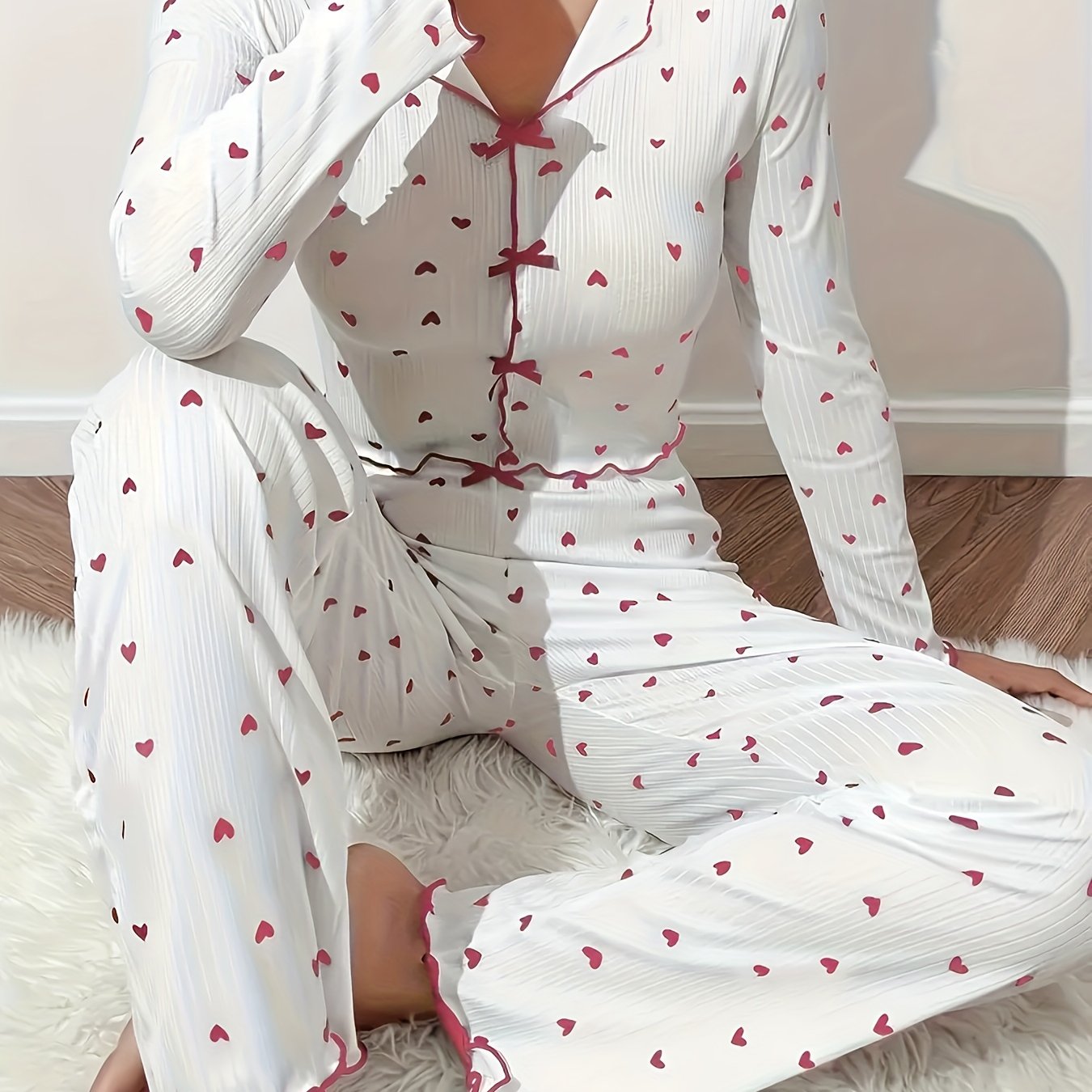 Heart Print Lounge Set with Frill Trim and Bow Detail for Women