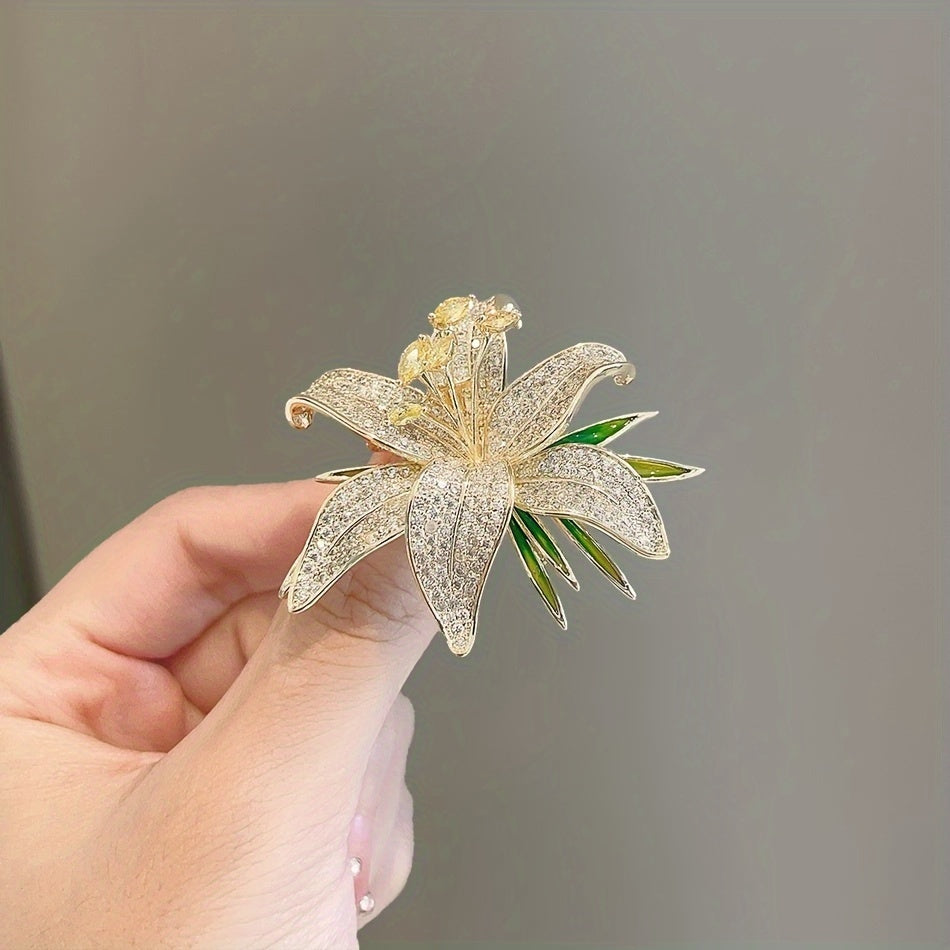 Elegant Lily Flower Brooch with Diamonds Alloy Lapel Pin for Women's Fashion