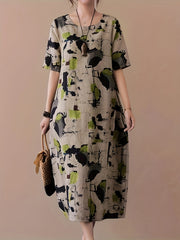Elegant Linen Midi Dress with Abstract Print Short Sleeve Crew Neck for Spring Summer Fall
