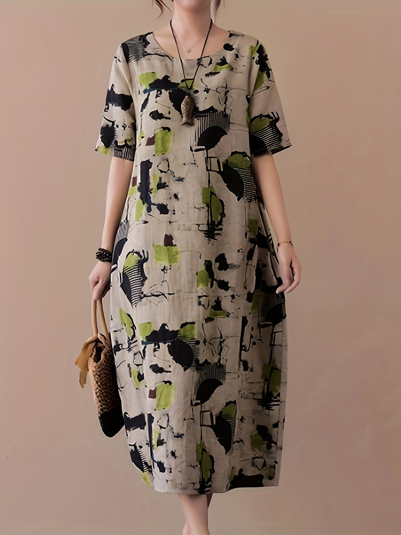 Elegant Linen Midi Dress with Abstract Print Short Sleeve Crew Neck for Spring Summer Fall