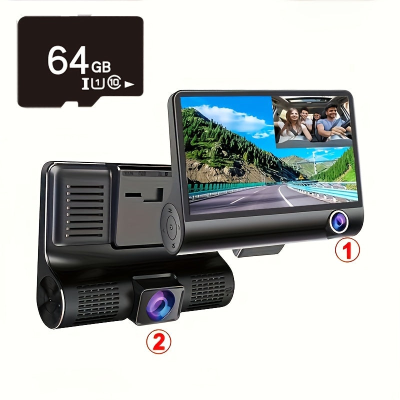 HD 3-Lens Dash Cam Night Vision Loop Recording Reversible Image Front Interior Rear View