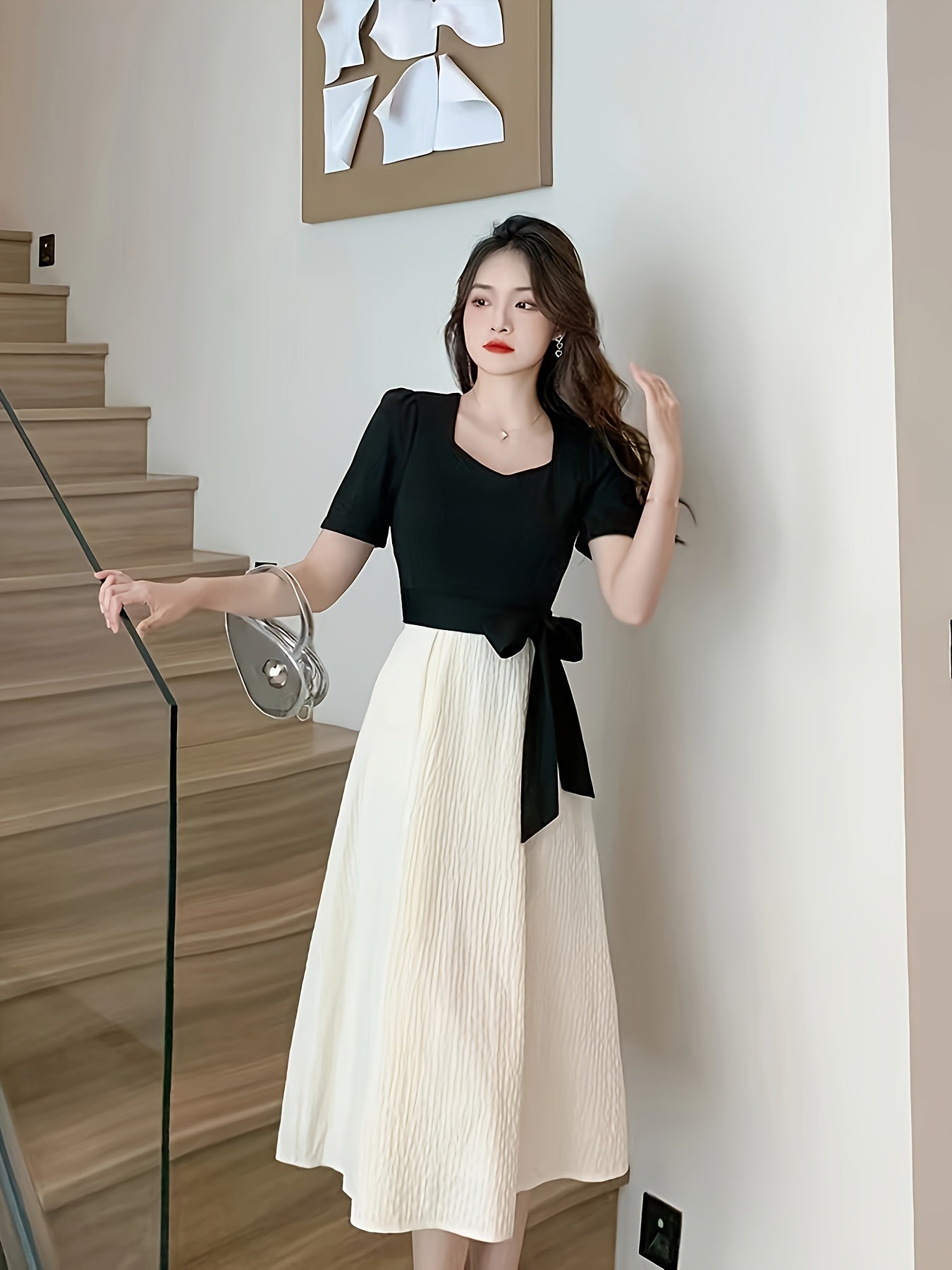 Women's A-Line Dress with High Waist Bow Short Sleeve Solid Color Spring Summer