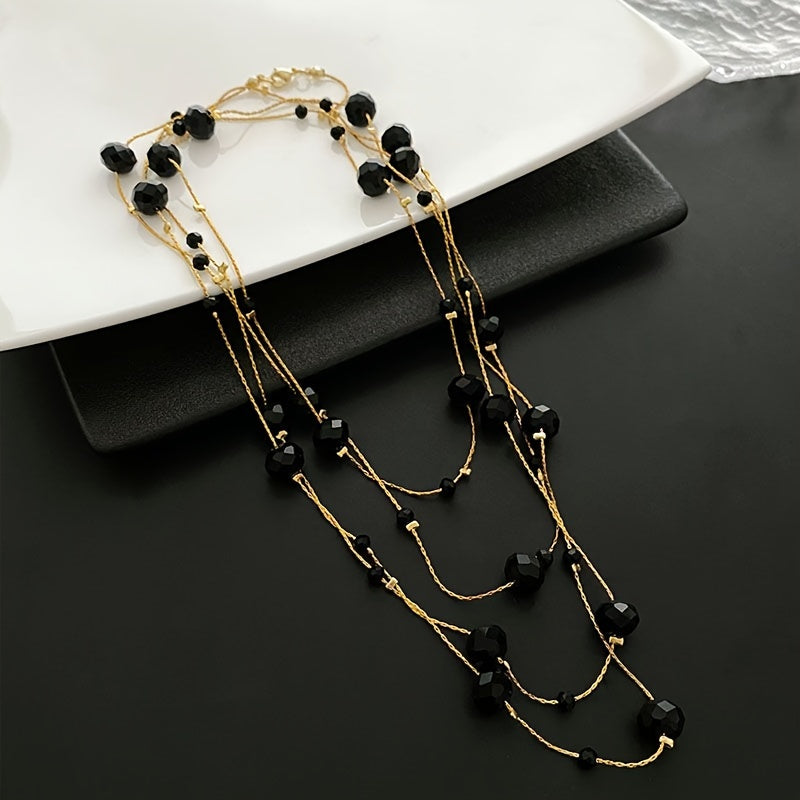 Vintage Black Glass Bead Layered Necklace for Elegant Long Chain Jewelry