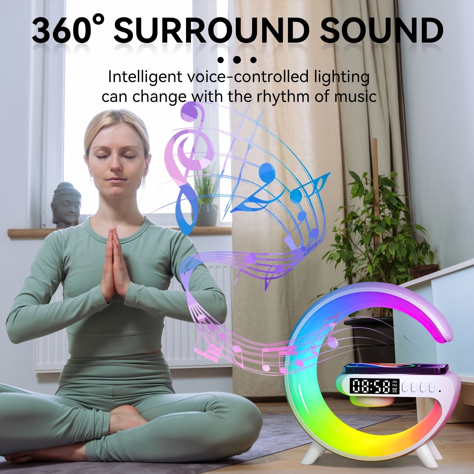 Lámpara de mesa LED inteligente con cargador inalámbrico para teléfono, luz nocturna RGB, reloj despertador, lámpara de mesita de noche