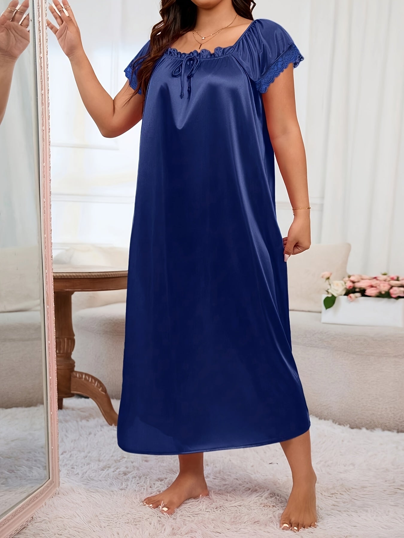 Women's Plus Satin Lace Lounge Dress Nightwear Puff Sleeve Bow Tie