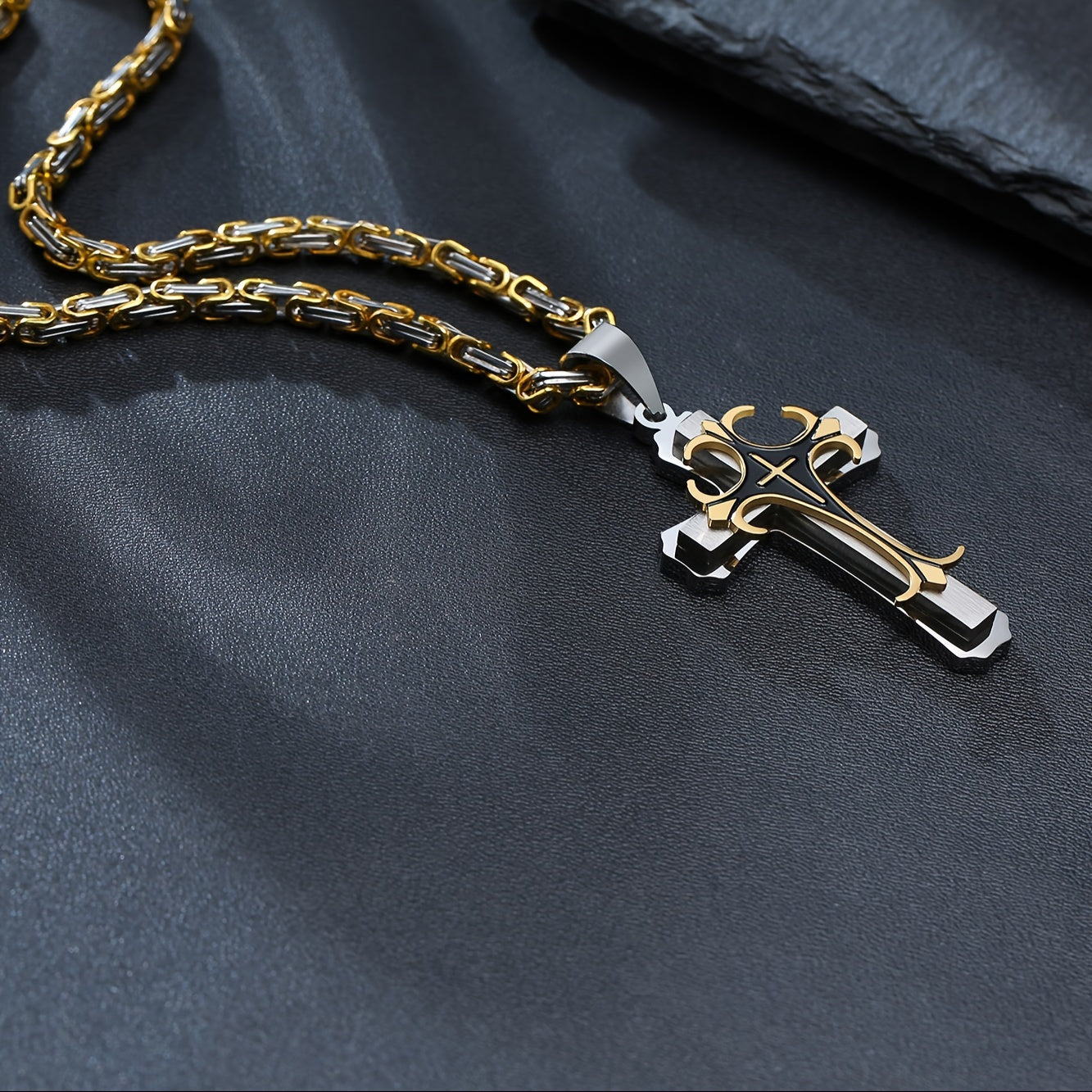 Men's Byzantine Necklace Stainless Steel Cross Pendant Double Layer Jewelry