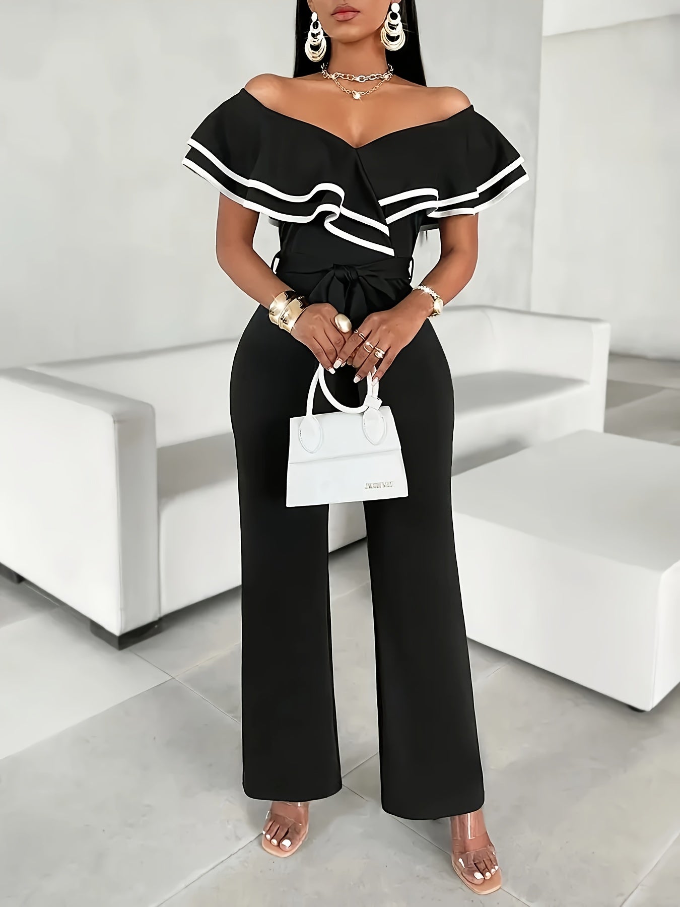 Women's Plus Size V-Neck Ruffle Sleeve Color Block Jumpsuit Black White