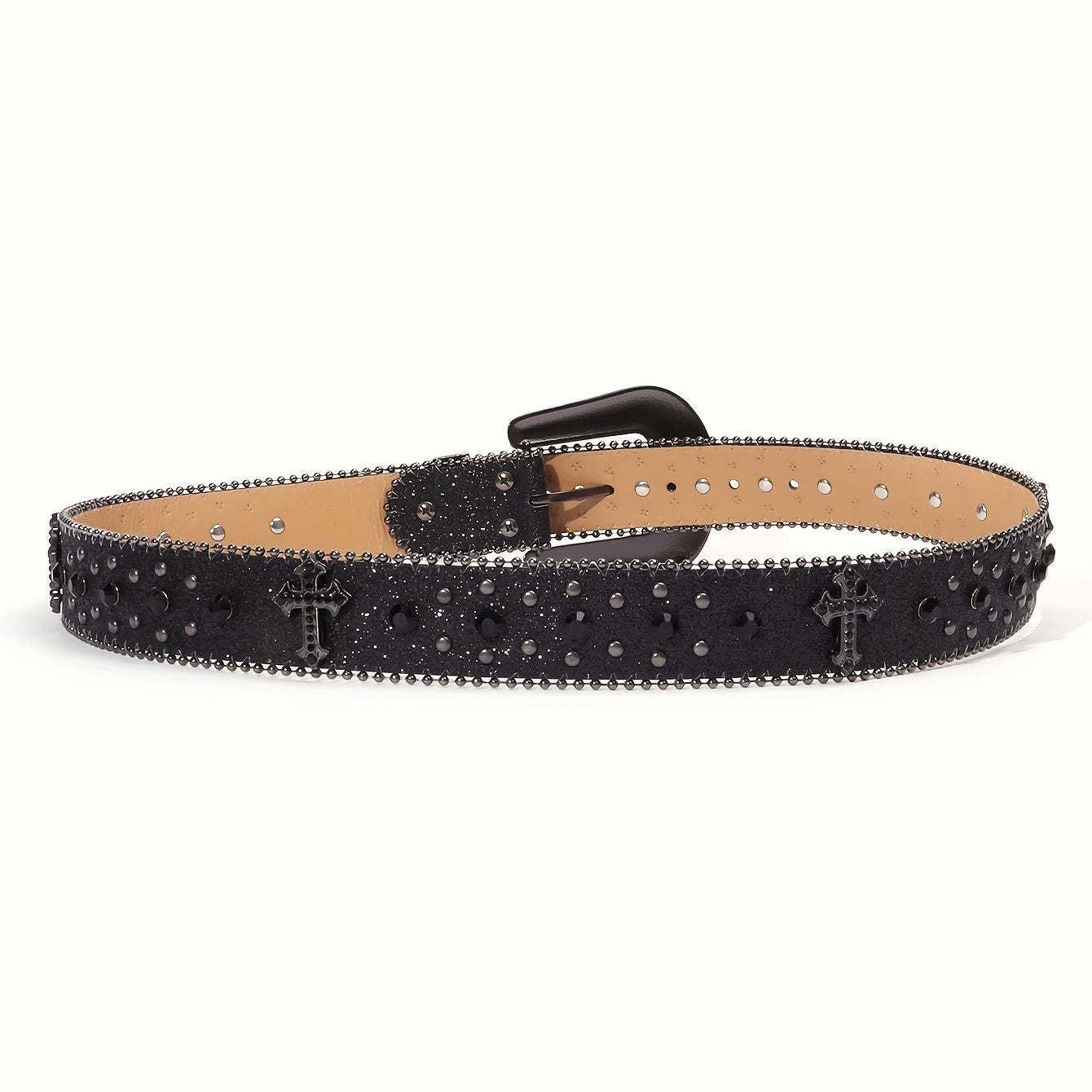 Women’s Boho Leather Belt with Rhinestones and Carved Buckle for Festival and Western Jeans