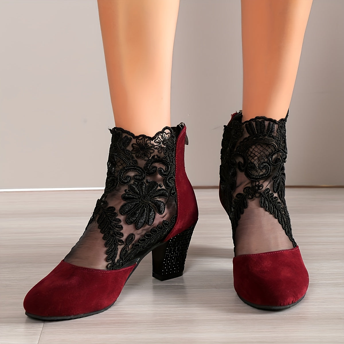 Women's Black Pointed Toe Ankle Boots with Block Heel and Zipper