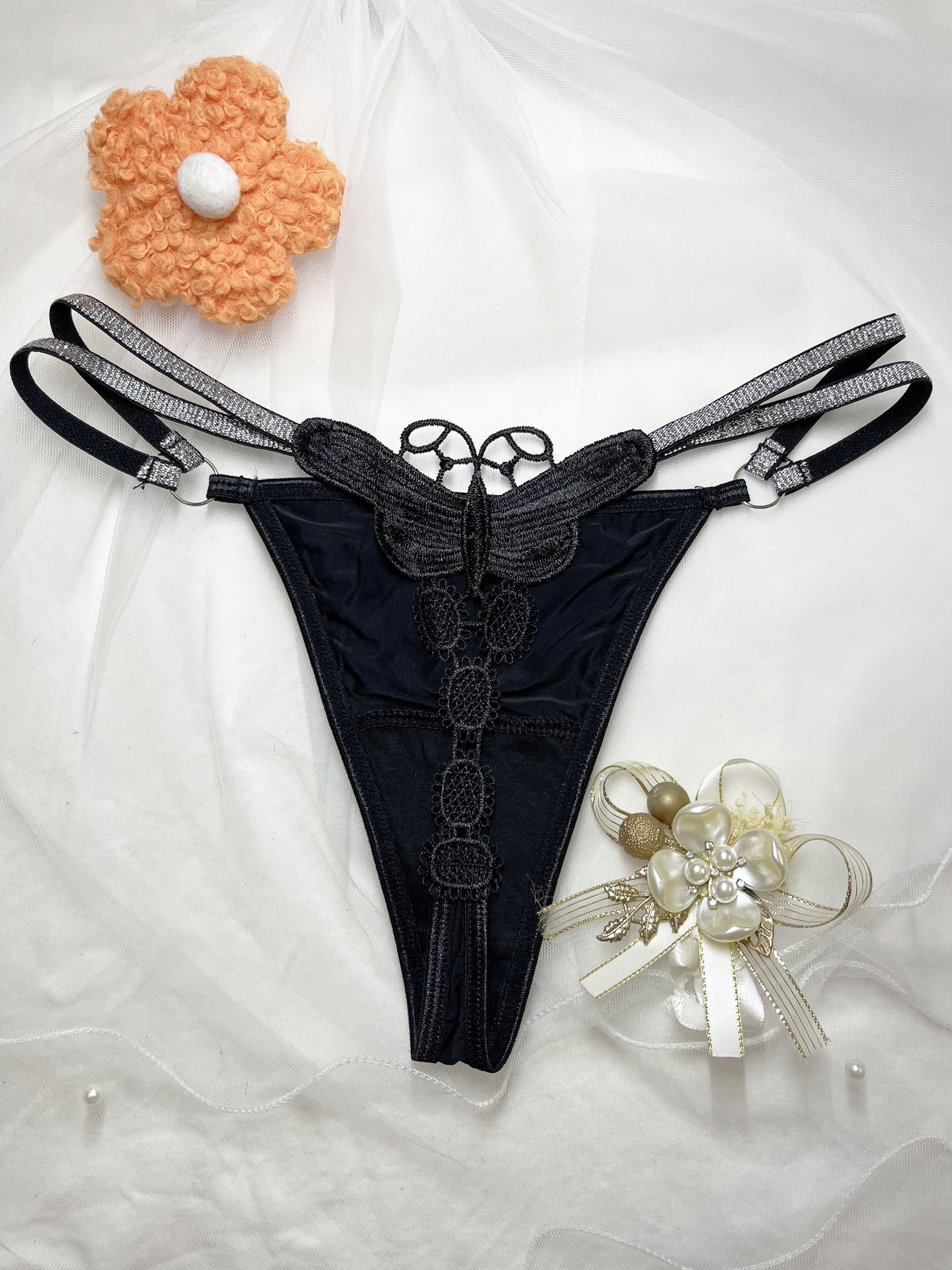 Women's Glittery Butterfly Embroidered Thong Pants with Thin Belt in Two Colors