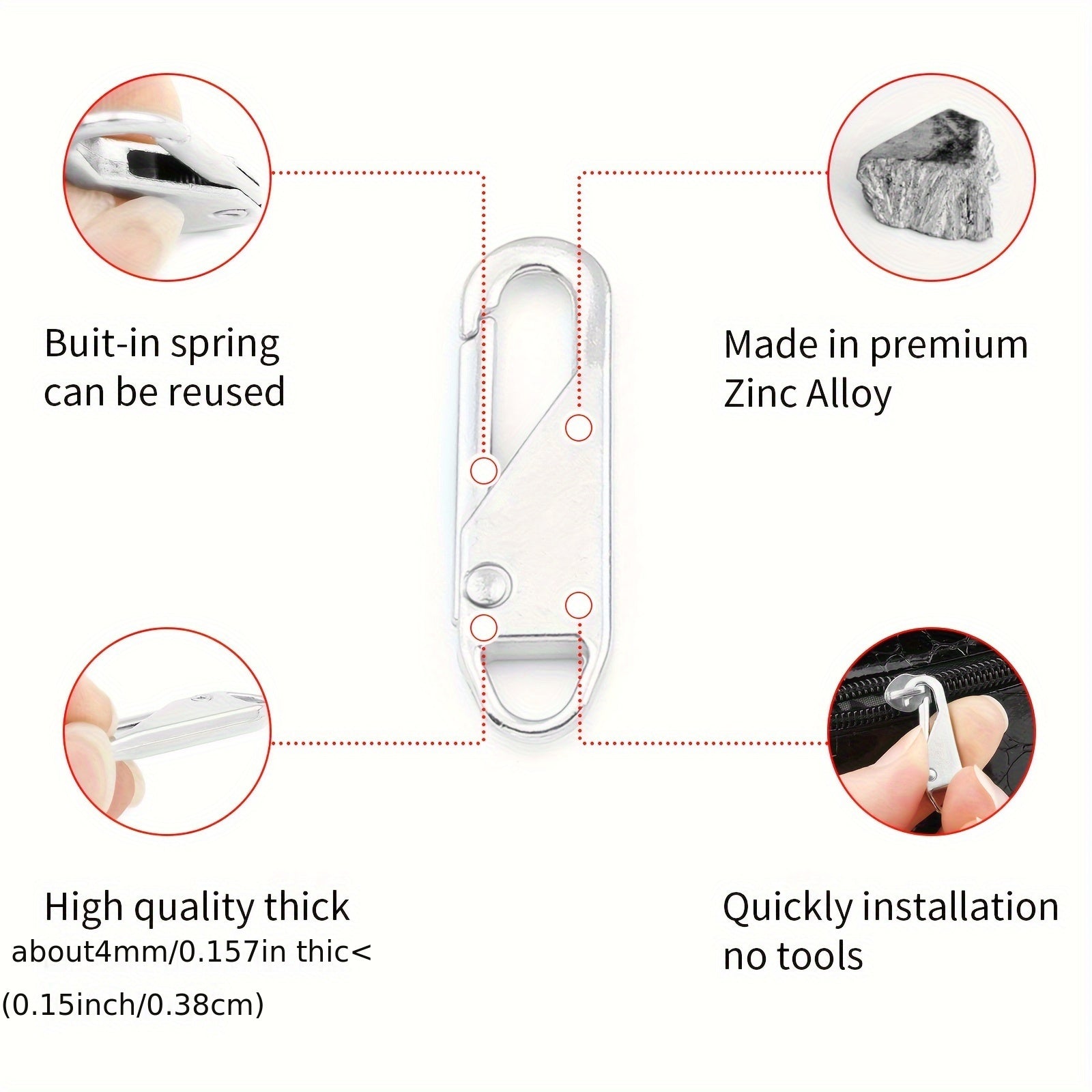 Oq zip qopqog'i uchun almashtirish, yukxalta, kurtka va sumkalar uchun 0.4 dyuym