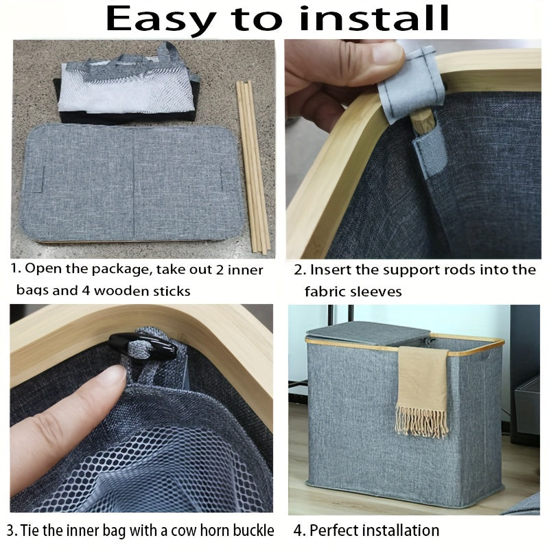 Large Double Layer Laundry Basket with Lid and Removable Washable Pockets for Bedroom Bathroom Dorm