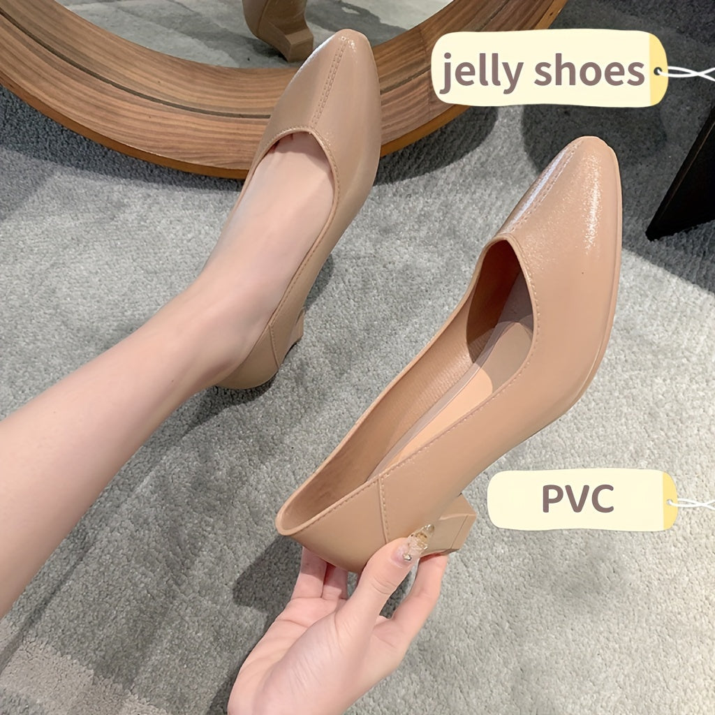 Women's PVC Chunky Heel Pumps with Pointed Toe and Slip-On Design