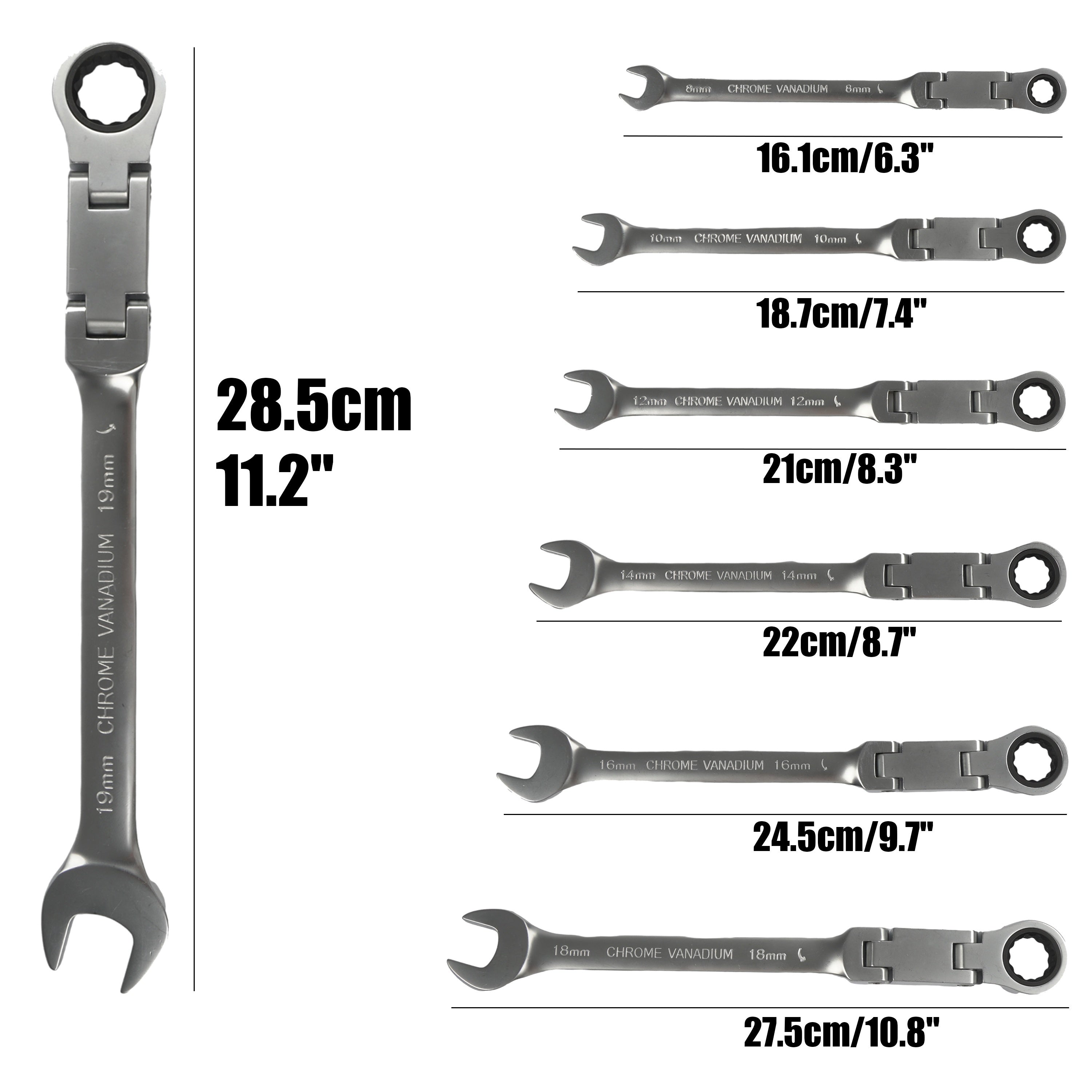 180° Flexible Head Ratchet Wrench Set, 8-19mm, Deep Offset, Dual-Purpose