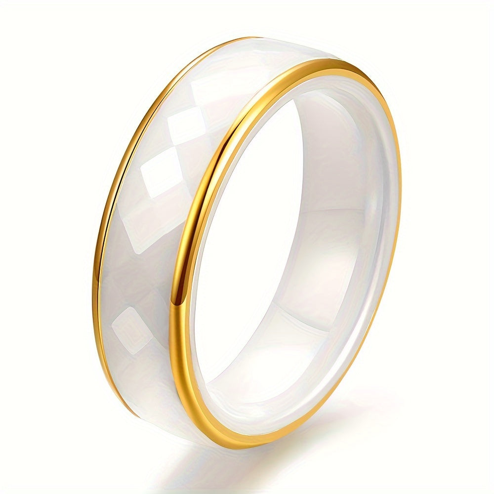 Zamonaviy 6mm kenglikdagi zanglamas po'latdan yasalgan qora va oq keramika prizmali fasetli uzuk, erkaklar va ayollar uchun minimalistik shaxsiyatga mos, har kuni kiyish uchun ideal, nafis va ko'p qirrali temperamentni namoyish etadi.