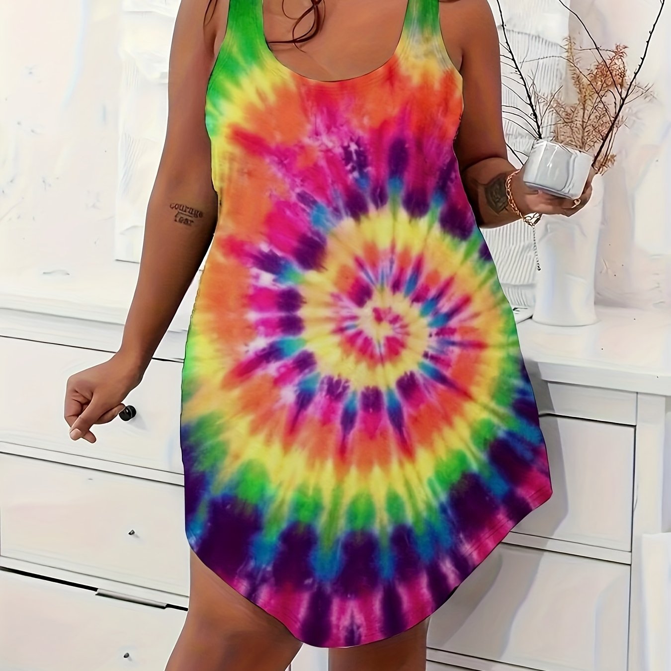 Plus Size Women's Sleep Dress Rainbow Tie-Dye Sleeveless Nightgown Polyester Loungewear