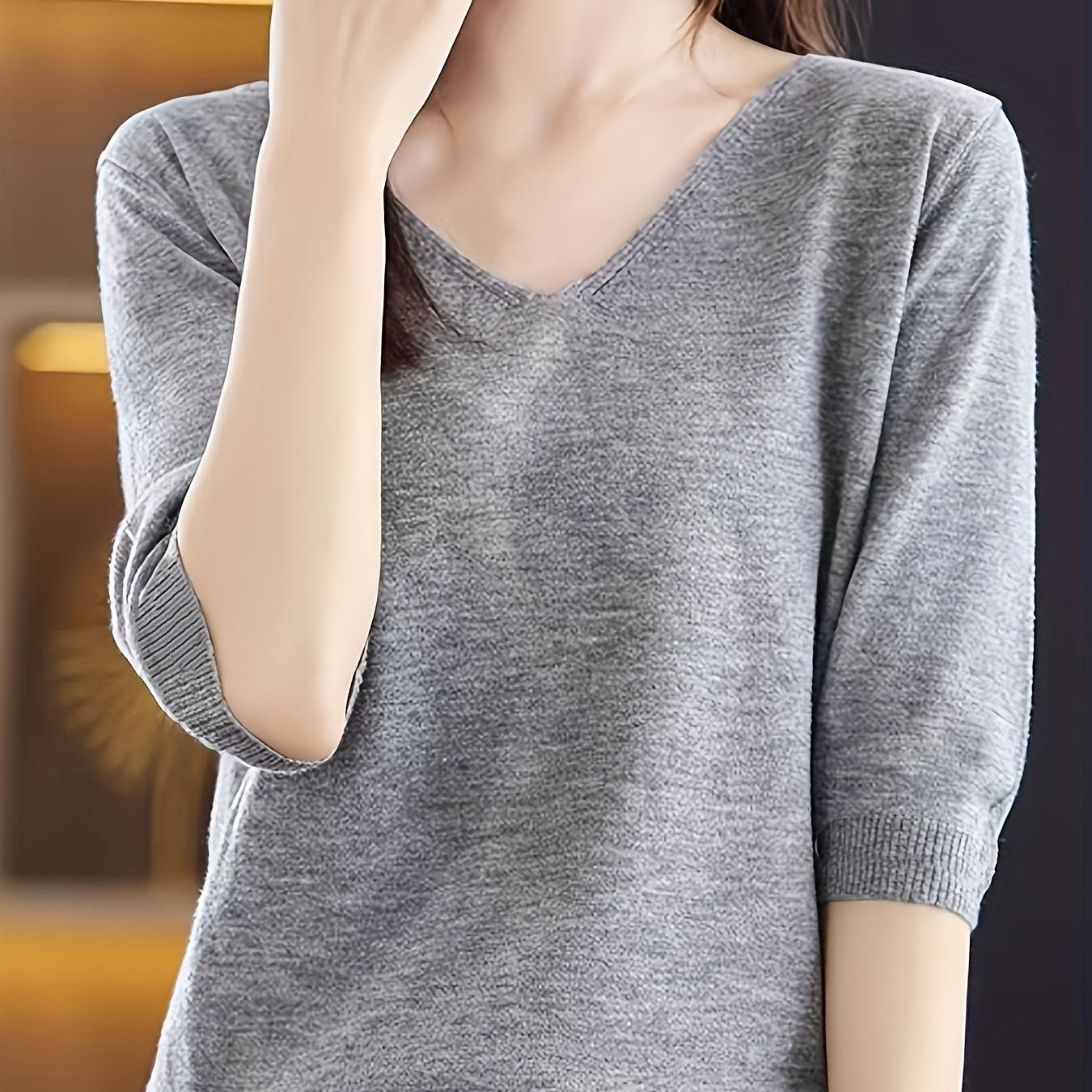 Women's V-Neck Sweater Solid Color Half Sleeve Knit Top for Spring Fall