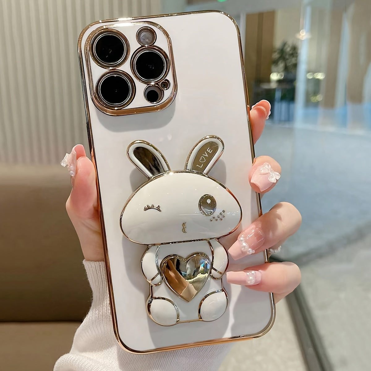 Electroplated Rabbit Stand Case for iPhone Models TPU Cartoon Holder and Stand