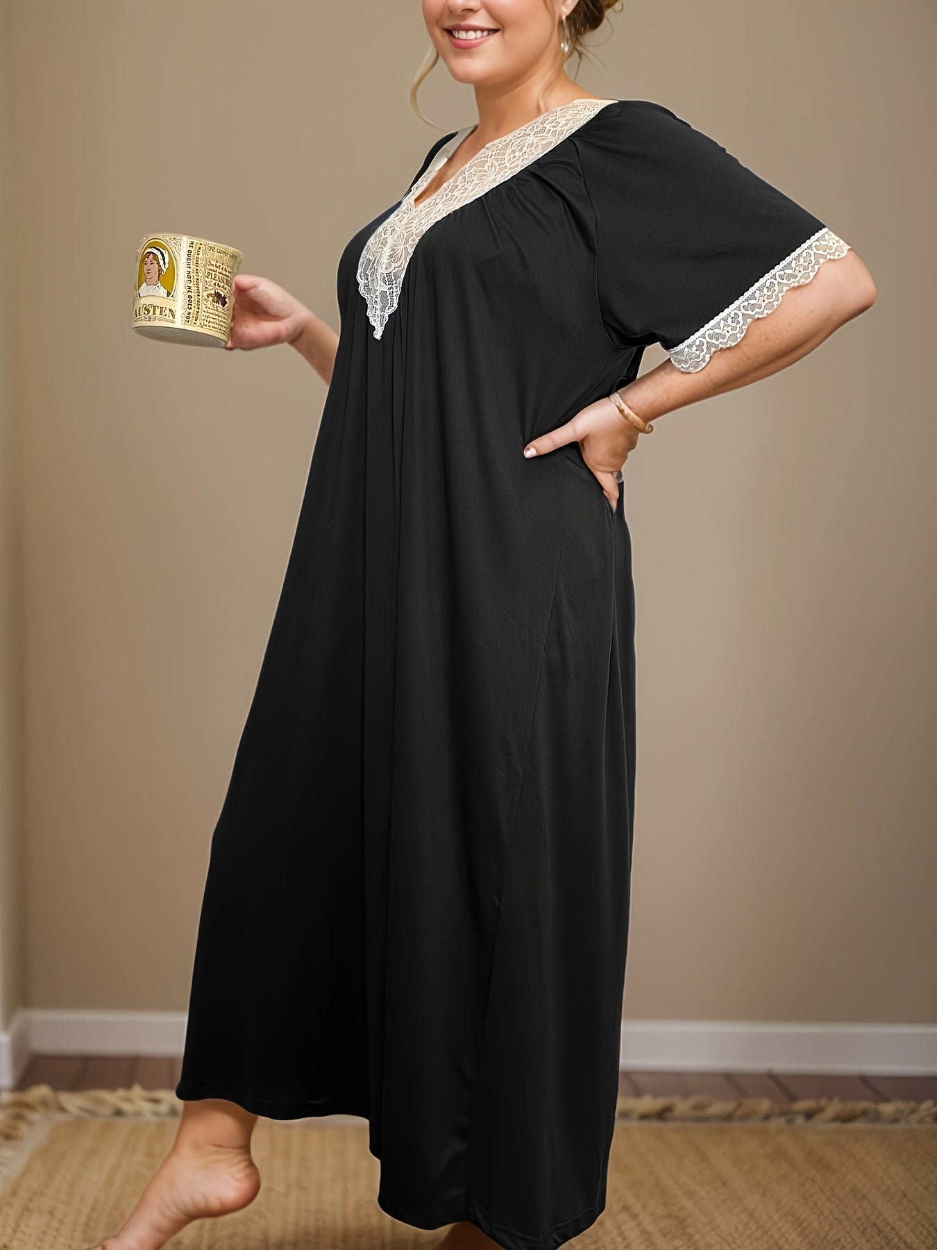 Women's Plus Size Black Midi Nightdress with White Lace V-Neck Sleepwear