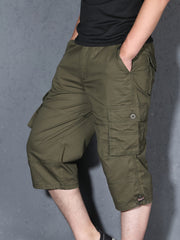 Men's Cotton Cargo Shorts with Pockets, 3/4 Length, Casual Summer Wear