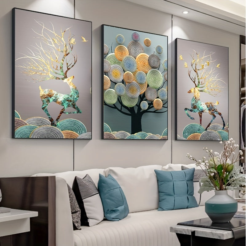Frameless Canvas Wall Art Set of 3 Chinese Feng Shui Tree Portrait Decor for Living Room 15.7x23.6 Inches