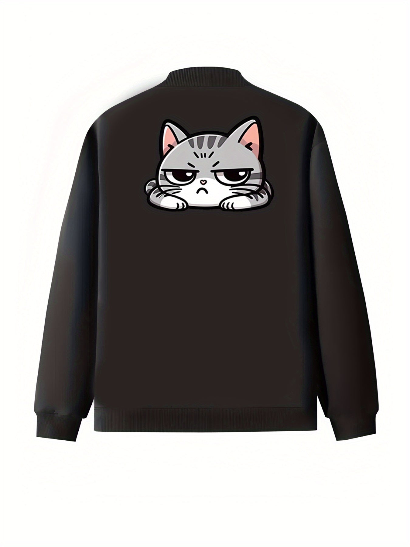 Plus Size Women's Casual Black Baseball Collar Zip-Up Jacket with Cartoon Cat Print