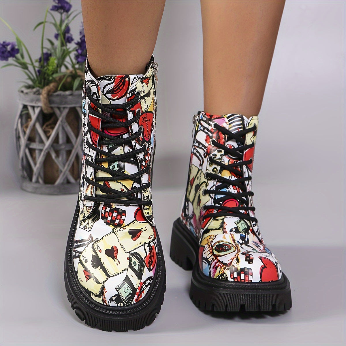 Women's Printed Lace-Up Boots Chunky Sole Low Heel Zipper Casual Shoes