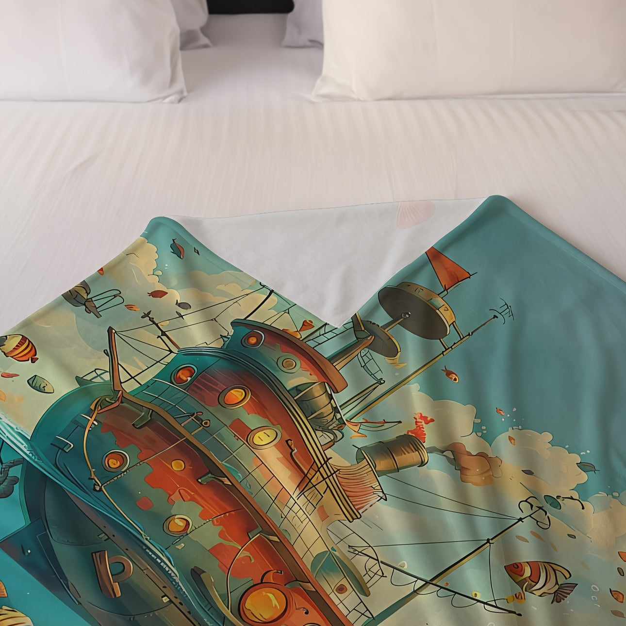 Coral Fleece Blanket with Ship Pattern Soft Warm All-Season Throw for Sofa Bed Camping