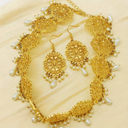 Indian-Inspired Jewelry Set 3-Piece Gold-Tone Necklace and Earrings with Pearl Drops