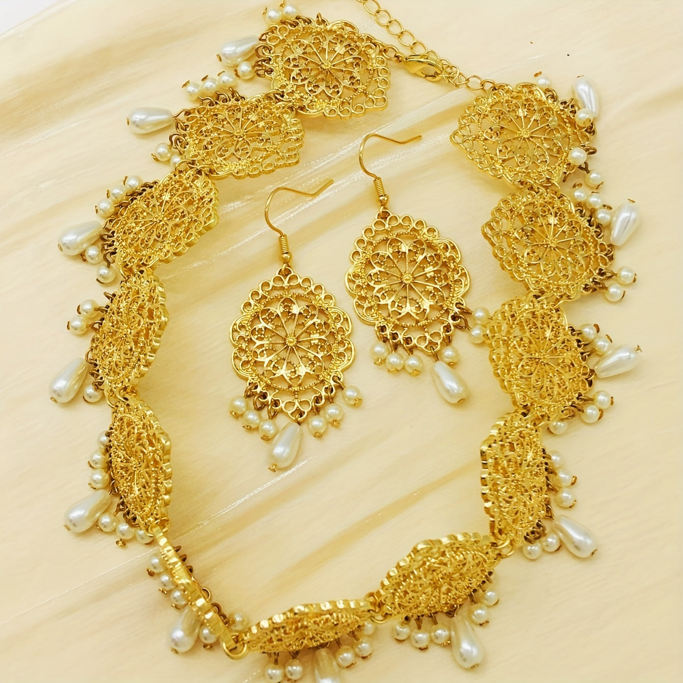 Indian-Inspired Jewelry Set 3-Piece Gold-Tone Necklace and Earrings with Pearl Drops
