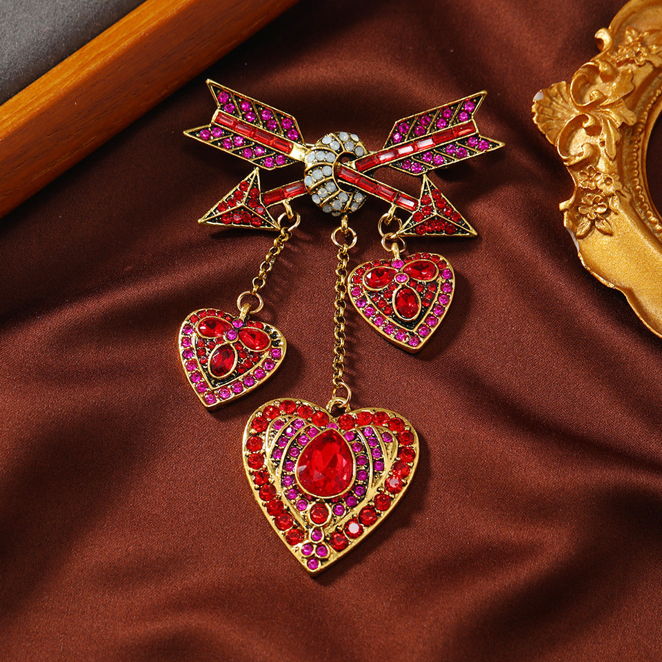 Vintage Heart Brooch with Cupid Arrow and Tassel Accent
