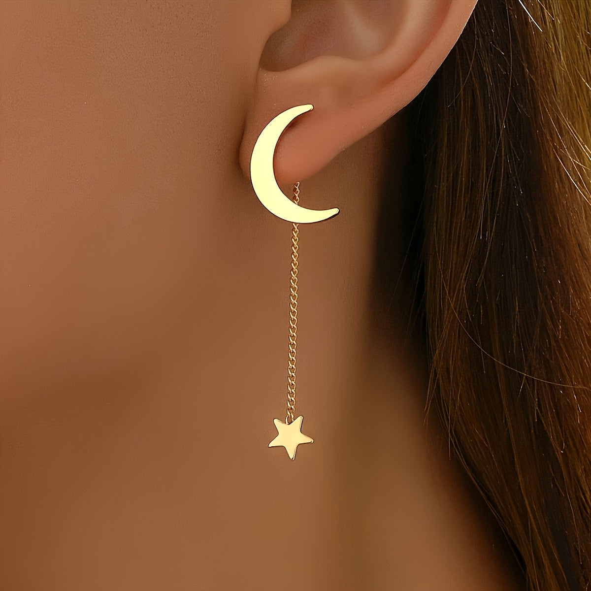 Women's Gold Star Moon Dangle Earrings Minimalist Jewelry Gift