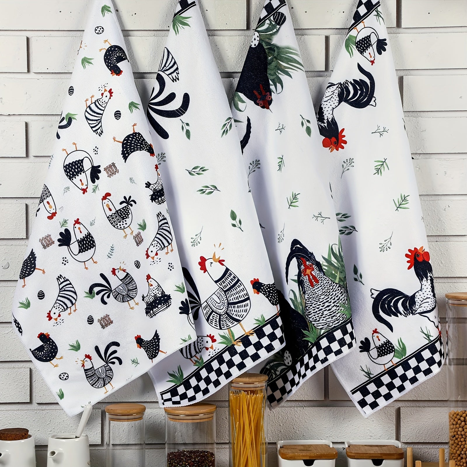 Buffalo Plaid Rooster and Hen Hand Towels for Farmhouse Kitchen Decor