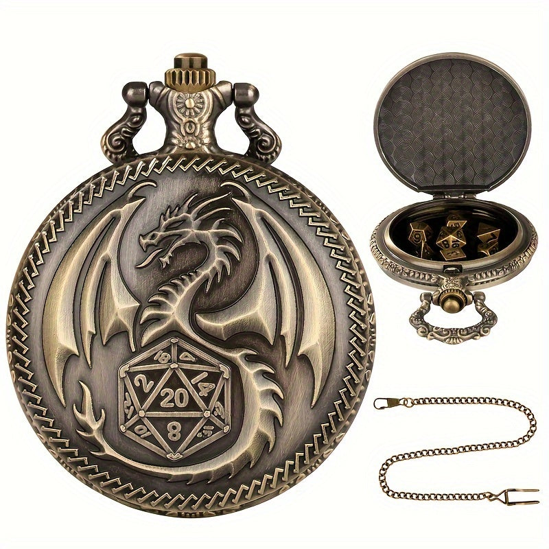 Vintage Dragon Alloy Pocket Watch with Chain and 7-Piece Dice Set for Role-Playing Games