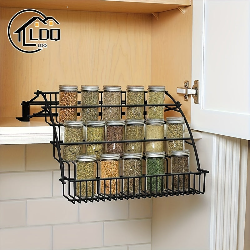 3-Tier Pull-Down Spice Rack Metal Kitchen Organizer Space-Saving Shelf Black