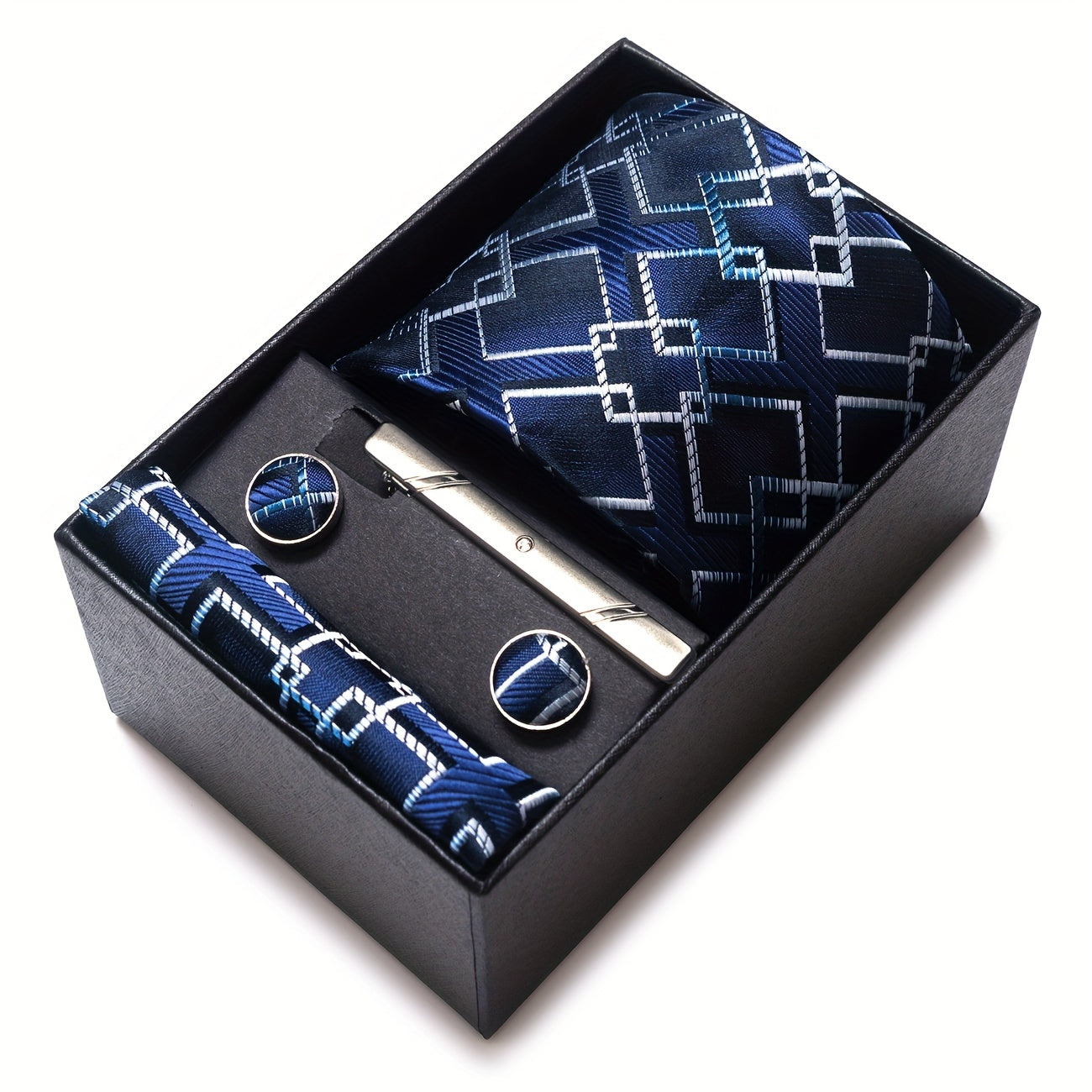 Men's Plaid Tie Set with Pocket Square Cufflinks and Tie Clip in Gift Box