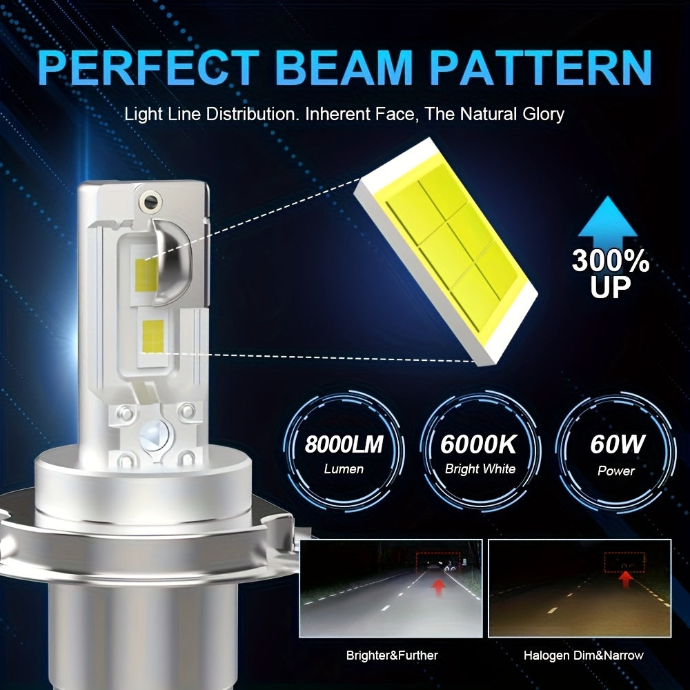 2 Pcs H4 LED Headlight Bulbs Car Motorcycle White Bright 8000 Lumens 6000K