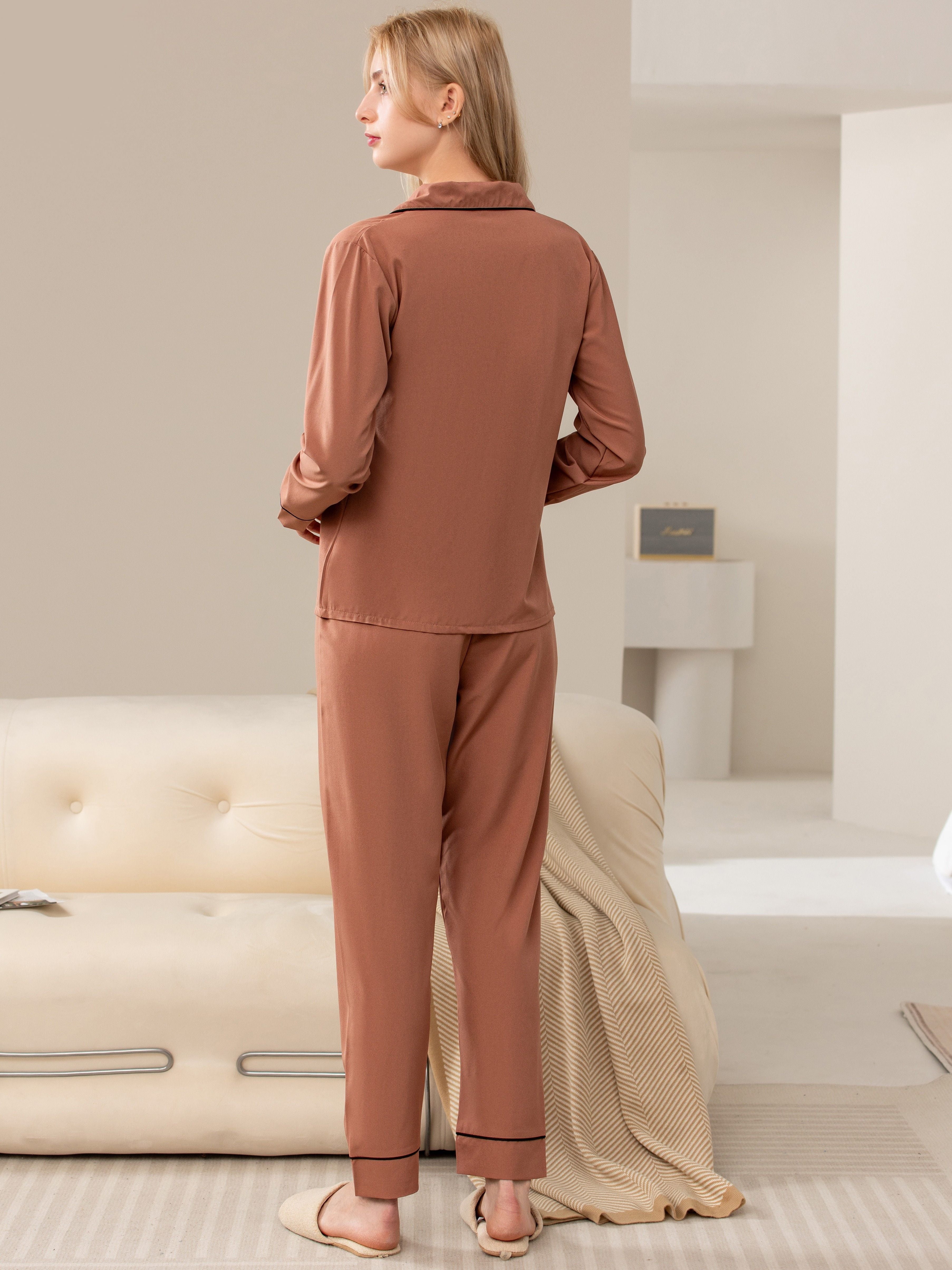 Women's Lounge Set Long Sleeve Lapel Collar Elastic Pants Casual Sleepwear