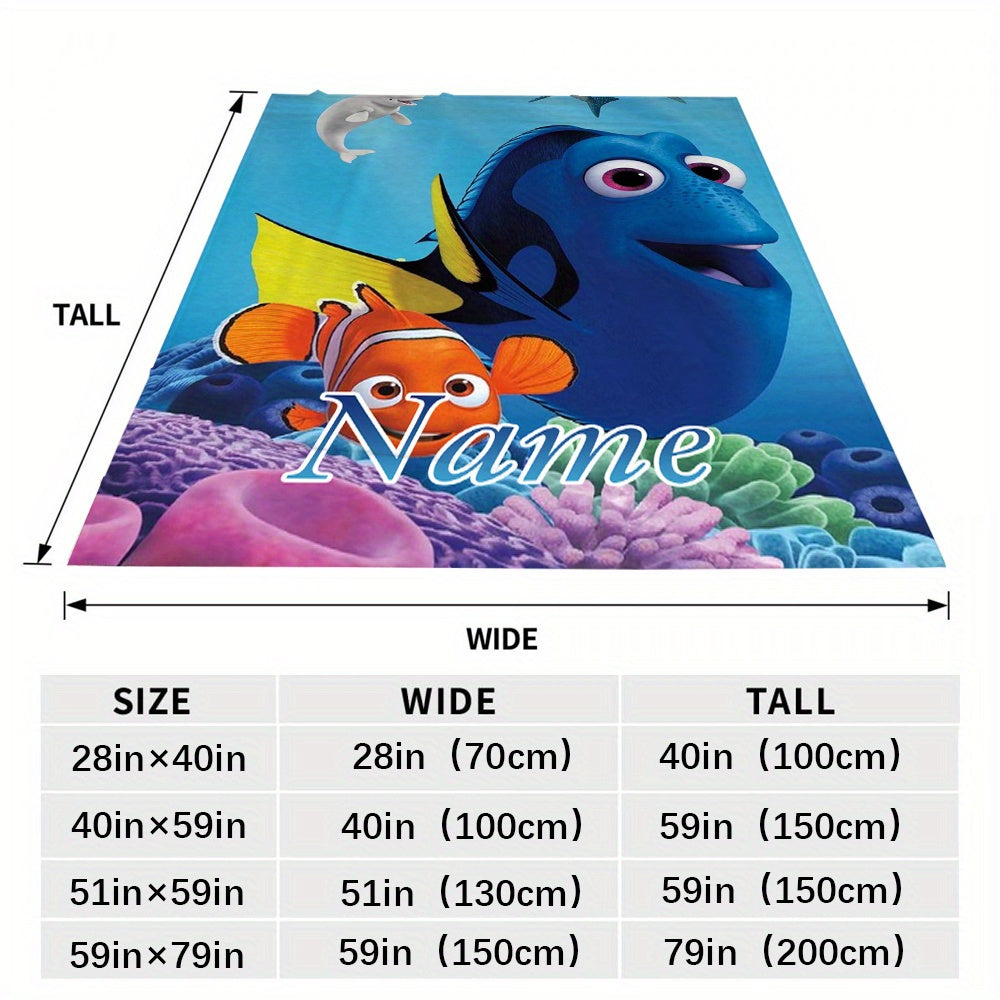 Personalized Finding Nemo Flannel Blanket Soft Cozy Throw with Dory and Marlin Custom Name for Bed Sofa Camping Car Rides Movie Nights