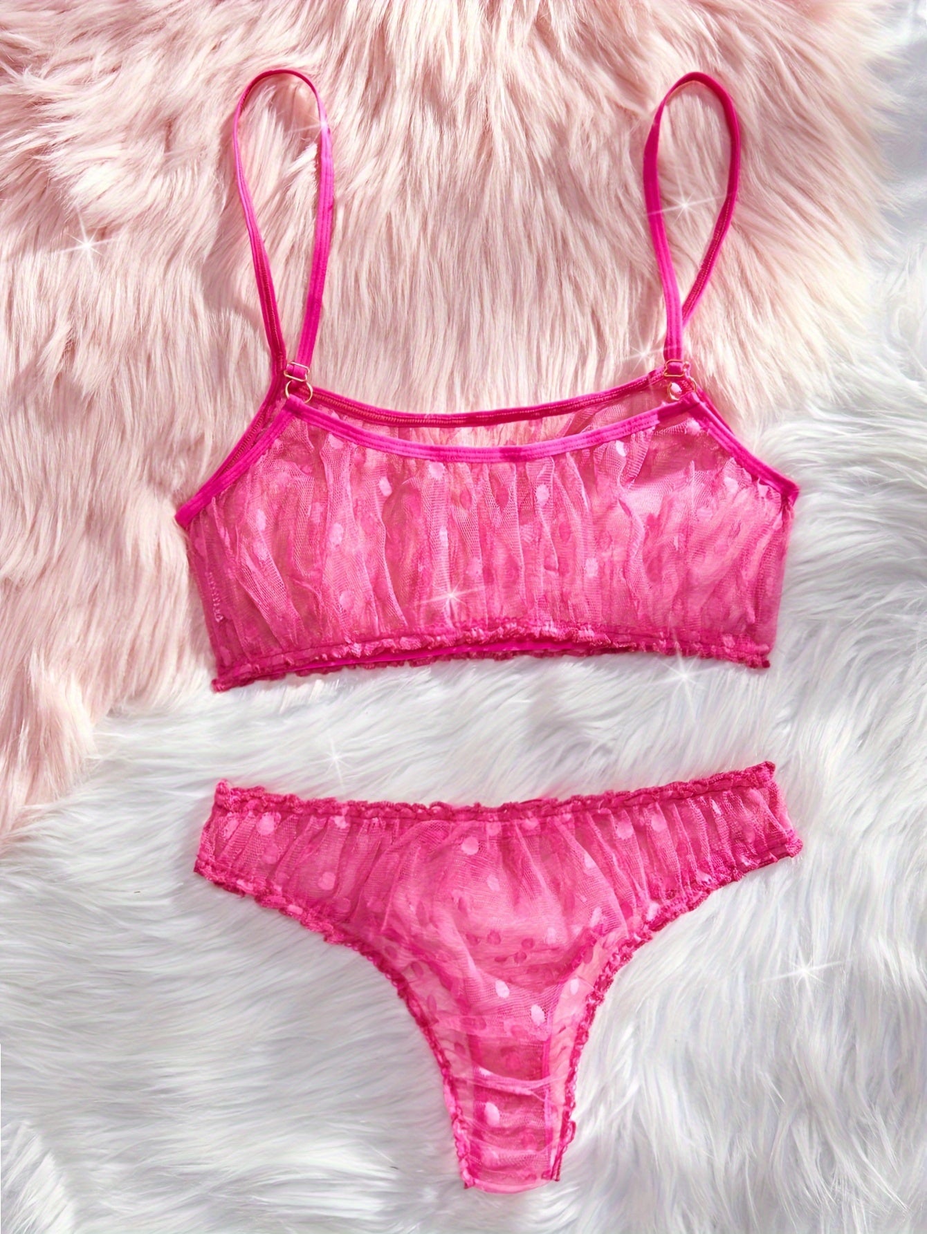 Polka Dot Mesh Lingerie Set with See-Through Unlined Bra and Bow Tie Thong Women’s Sexy Underwear