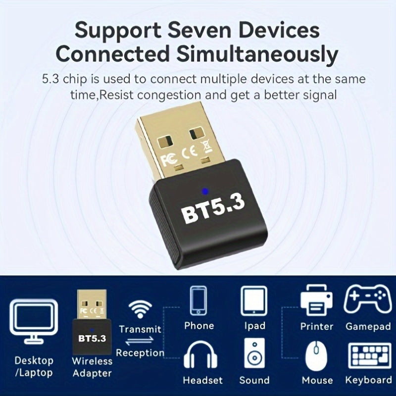 USB Беспроводной адаптер 5.3 для ПК, гарнитуры, клавиатуры, мыши, колонок - Подключи и работай, совместим с Windows 11/10/8.1, обратно совместим с предыдущими версиями, поддерживает 7 устройств, без батареи