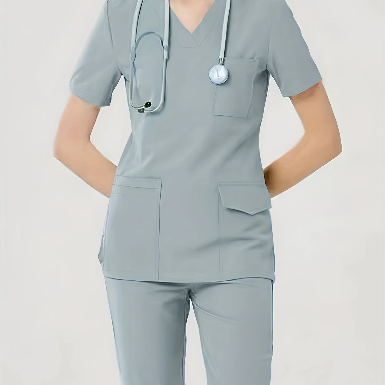 Women's Health Care Uniform Set V-Neck Top with Pockets and Solid Pants