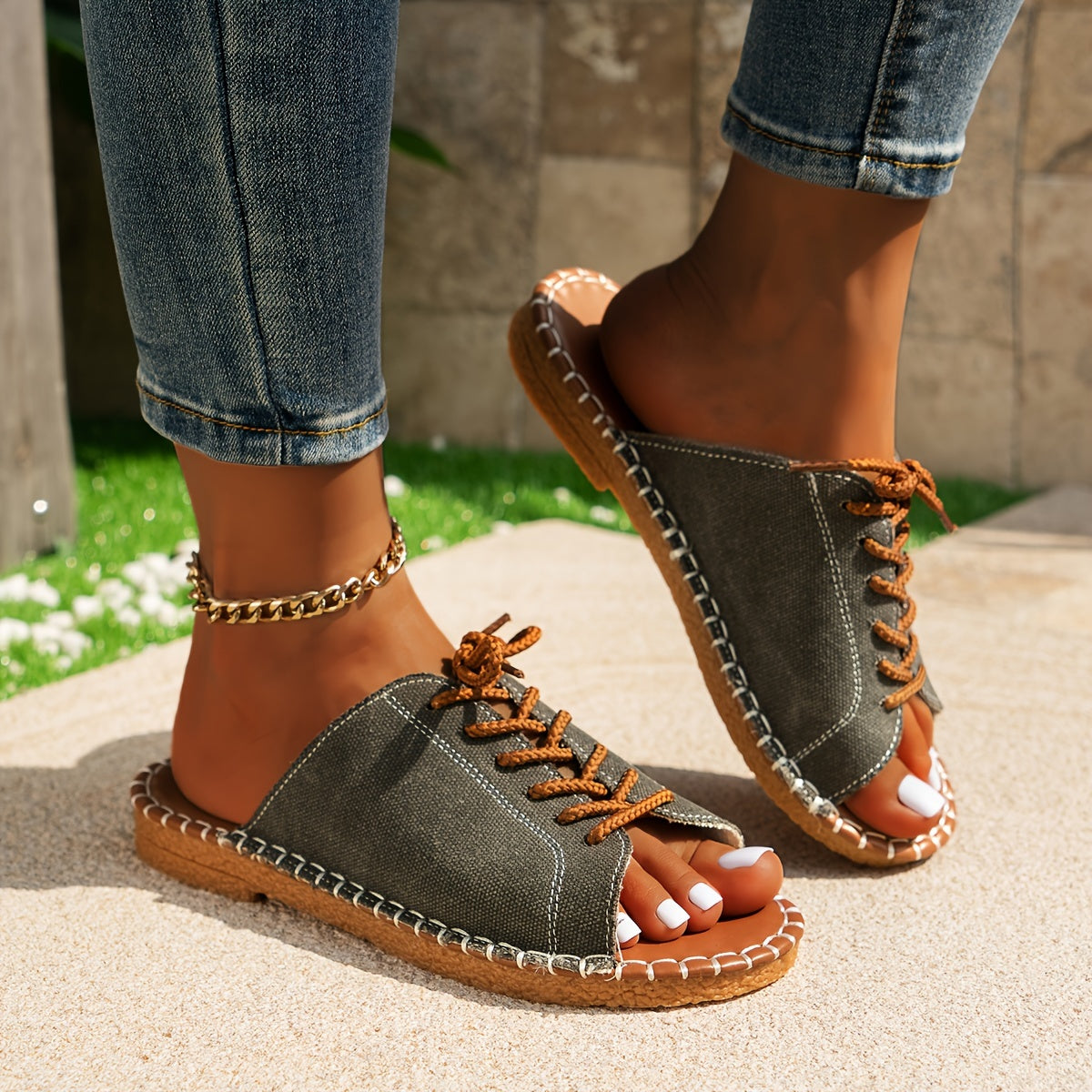 Women's Solid Color Slip-On Open Toe Flat Sandals, Fabric Upper, Comfortable Summer