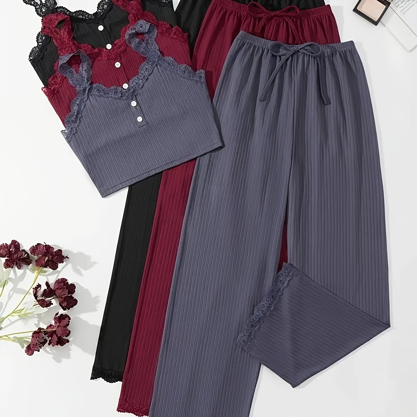 Women's Plus Size Lounge Set 3 Pieces Lace Ribbed Cami Top and Pants