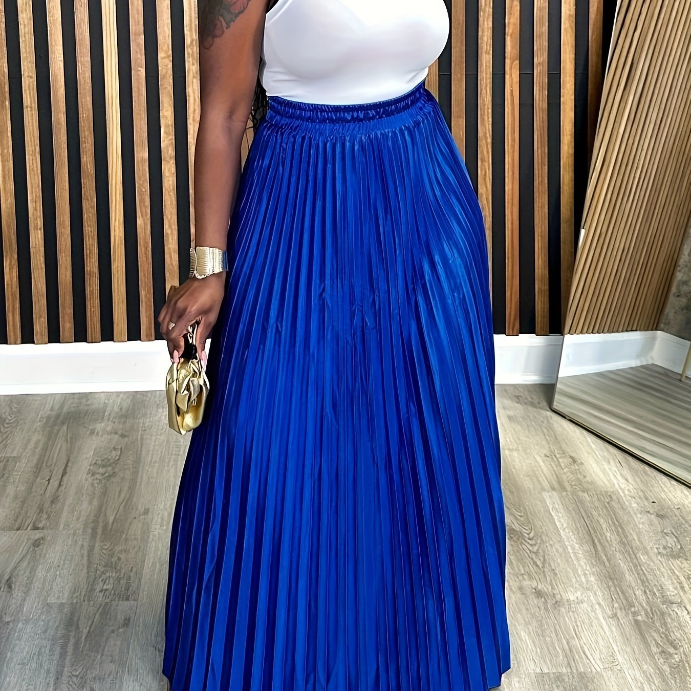 Plus Size Pleated Skirt Elastic Waist Long Skirt For Spring Summer